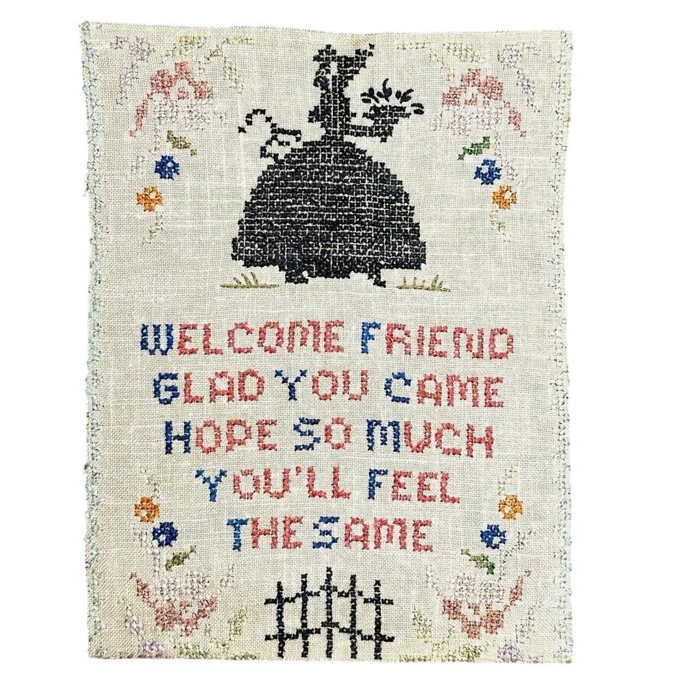 Vintage 1940s needlepoint sampler WELCOME FRIEND embroidered unframed 8x10